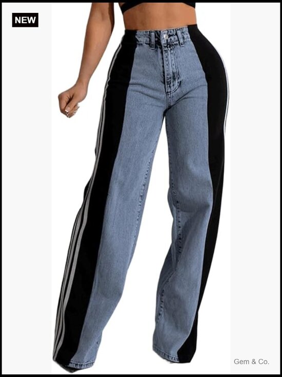 Denim - Womens High Waisted Wide Leg Jeans with Patchwork Stripes Stretchy Denim